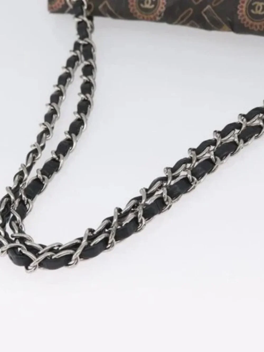 CHANEL Chain Shoulder Bag Satin Black Silver CC Auth ARZ448A